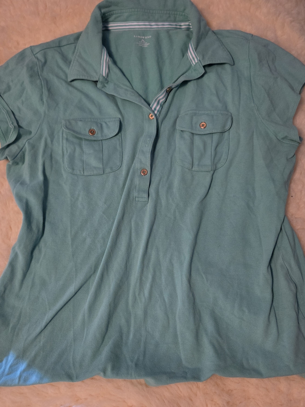 Lands' End Teal Short-Sleeve Button-Front Polo with Chest Pockets